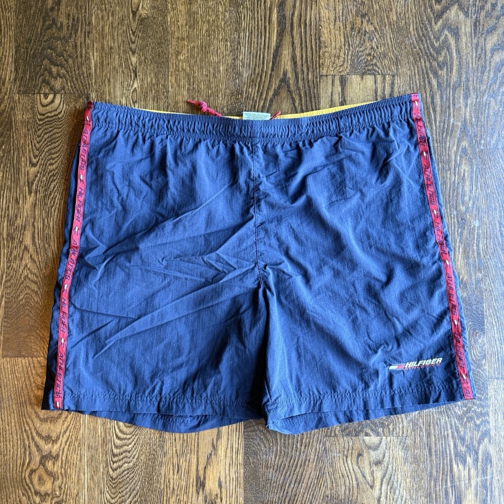 VTG 90s Tommy Hilfiger Athletics Nylon Swim Trunks Shorts Men XL Blue Side Tape